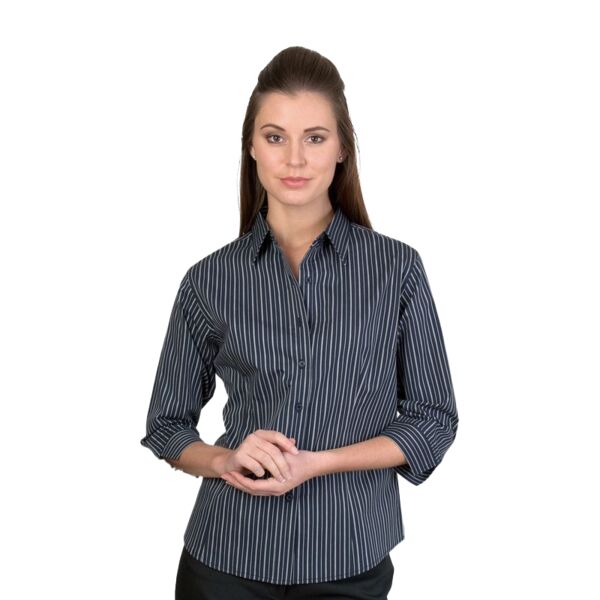 Womens Stretch Yarn Dyed Contrast Stripe Shirt 3/4 Sleeve Thumbnail